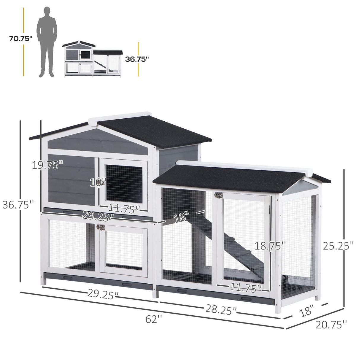 Gray 2-Tier Wooden Rabbit Hutch with Removable Tray B4183