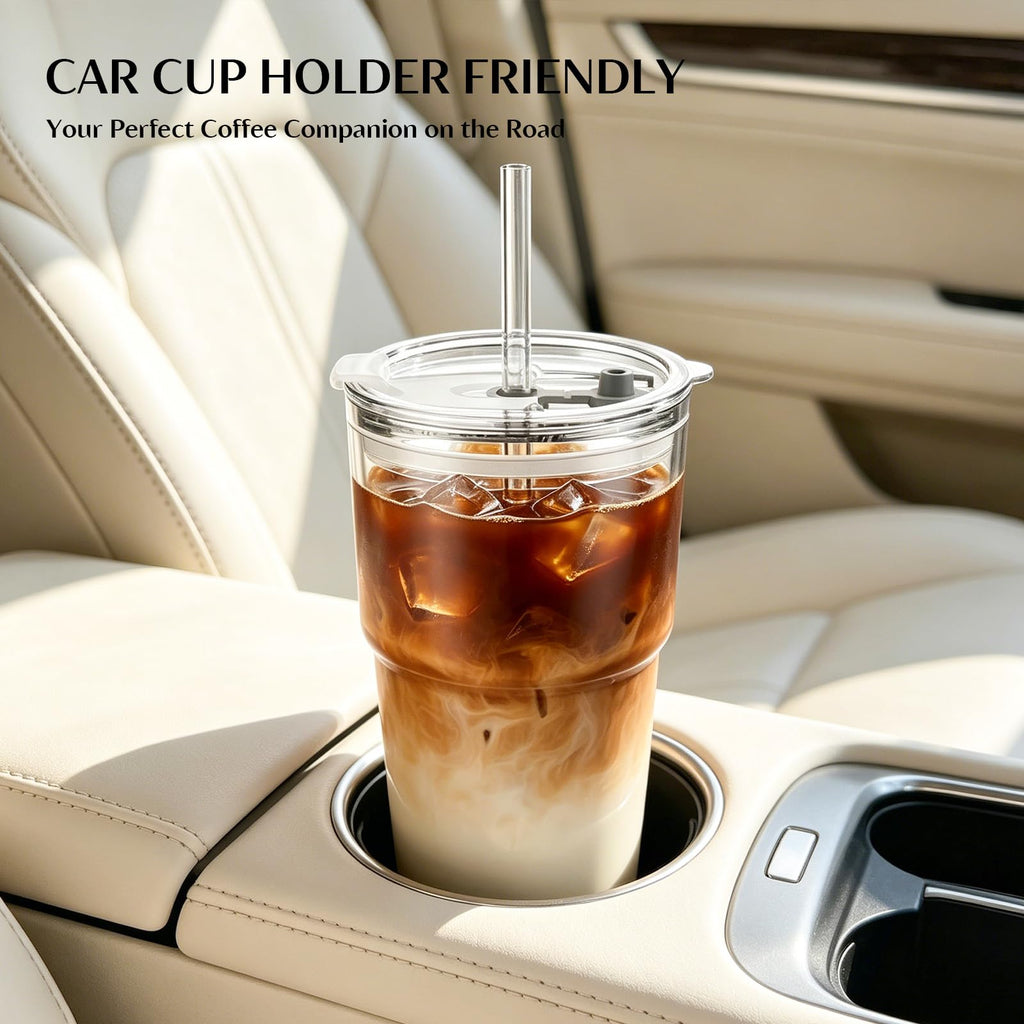 20 oz Iced Coffee Cups with Lids and Straw, Set of 4 Glass Tumbler P491669