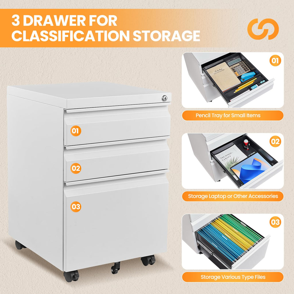 3 Drawer White Metal Mobile File Cabinet with Lock P973