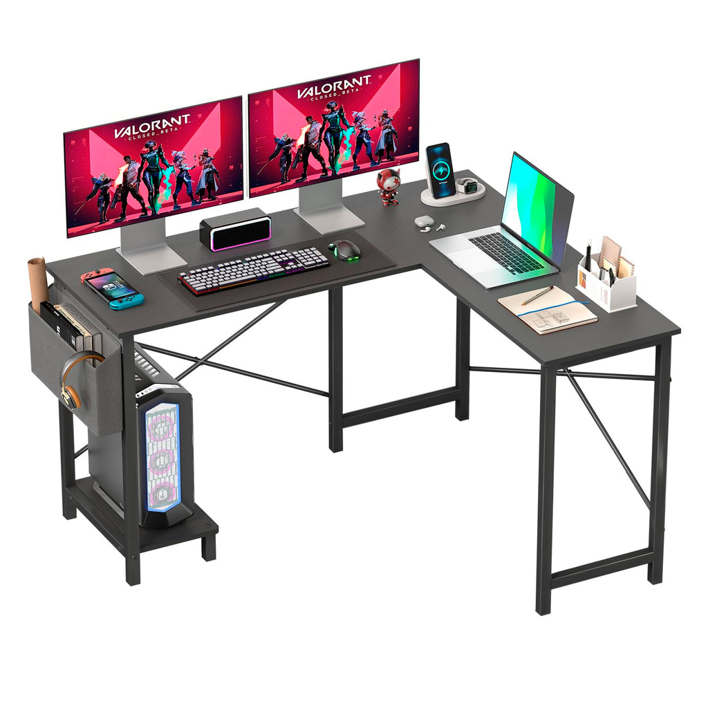 50 Inch Black L-Shaped Desk with Side Storage Bag & CPU Stand Y769