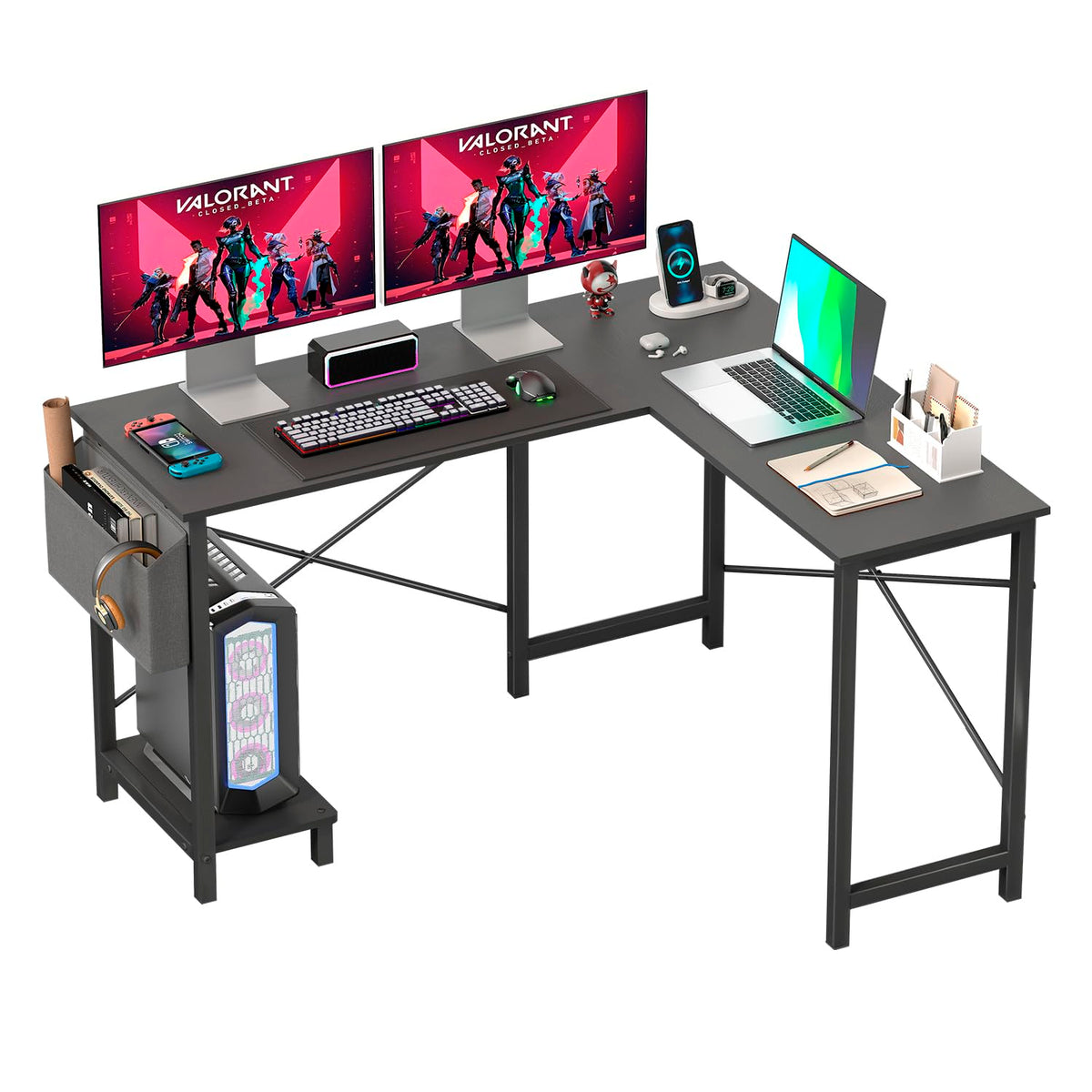 50 Inch Black L-Shaped Desk with Side Storage Bag & CPU Stand Y769