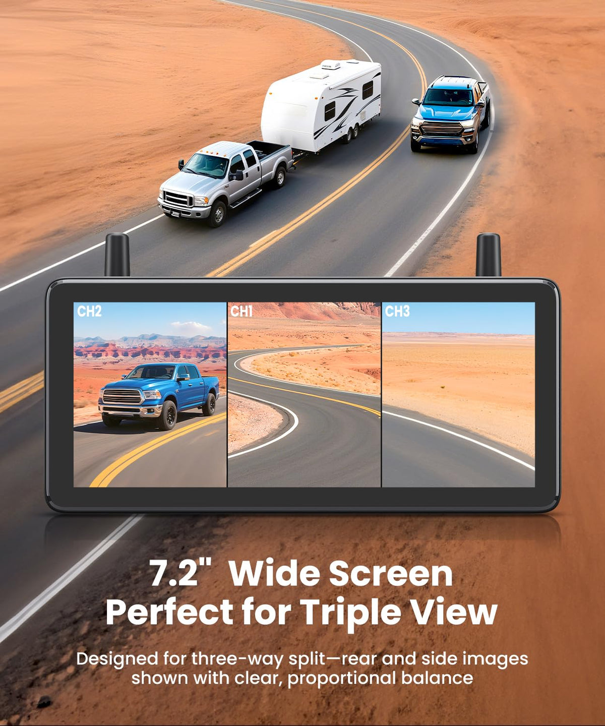 Wireless RV Backup Camera System with 7.2” 3 Split-Screen Monitor O245