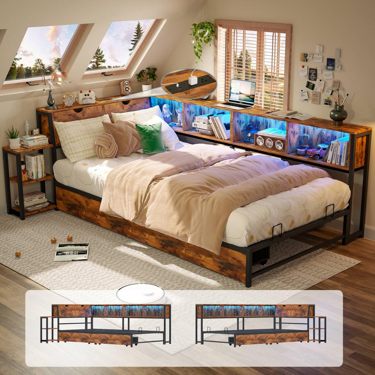 Brown Twin Corner Bed Frame with Storage Bookcase and Bedside Rack W804