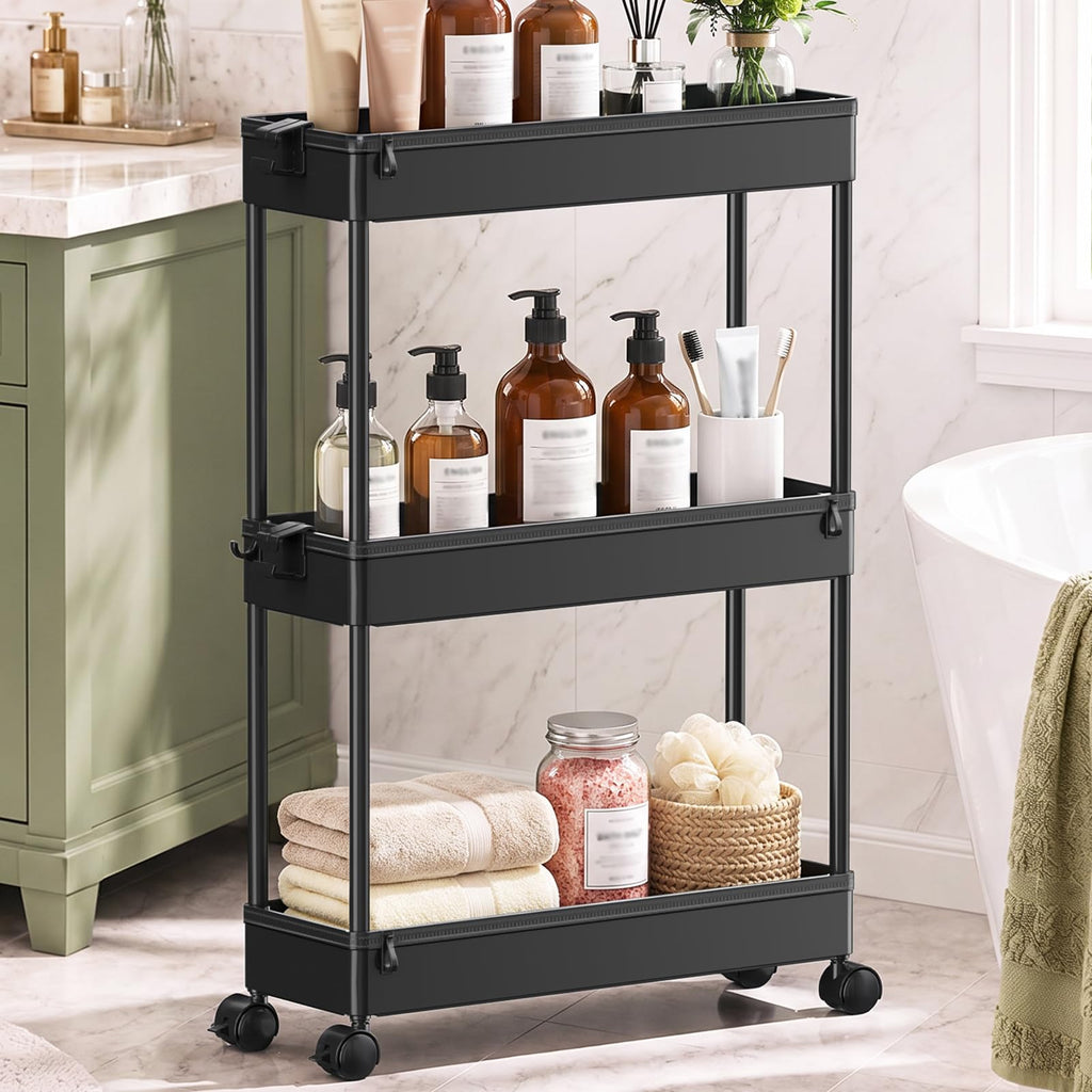 Black 3 Tier Slim Rolling Storage Cart J176