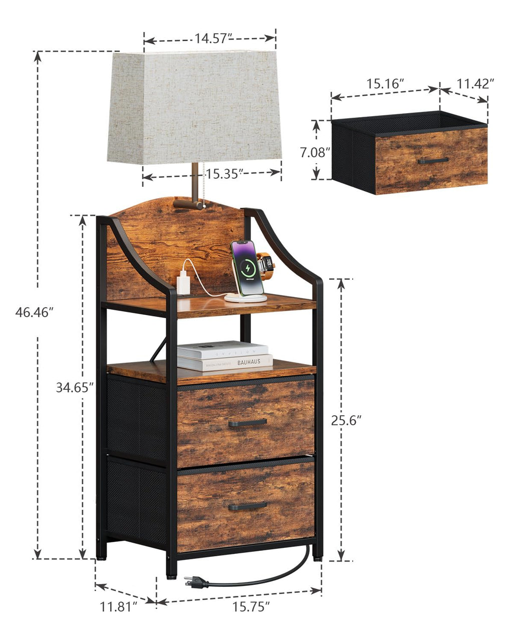 45" Tall Nightstand with Charging Station & Light B74296