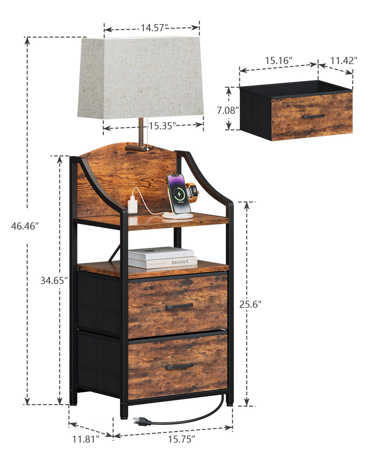 45" Tall Nightstand with Charging Station & Light B74296