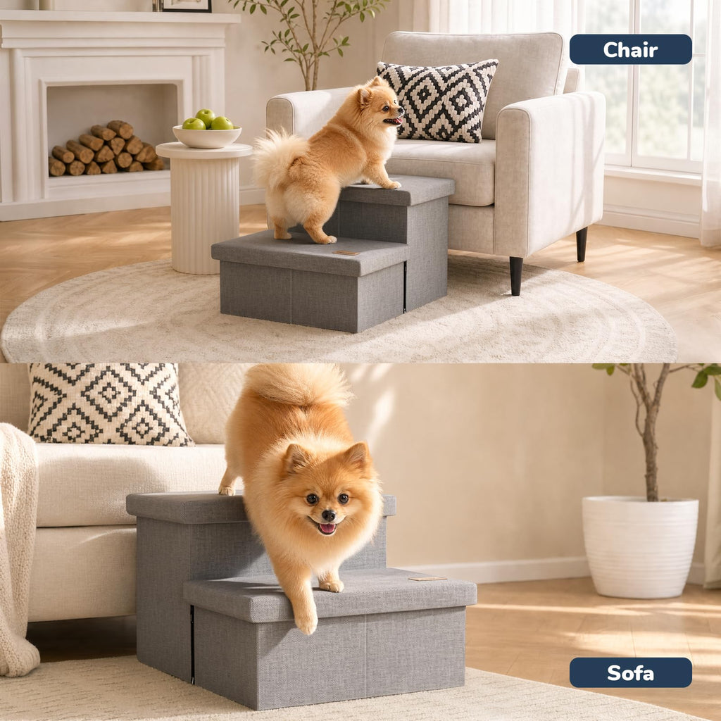 2-Step Wide Dog Stairs with Storage, Non-Slip Foldable Pet Steps, Grey X42606