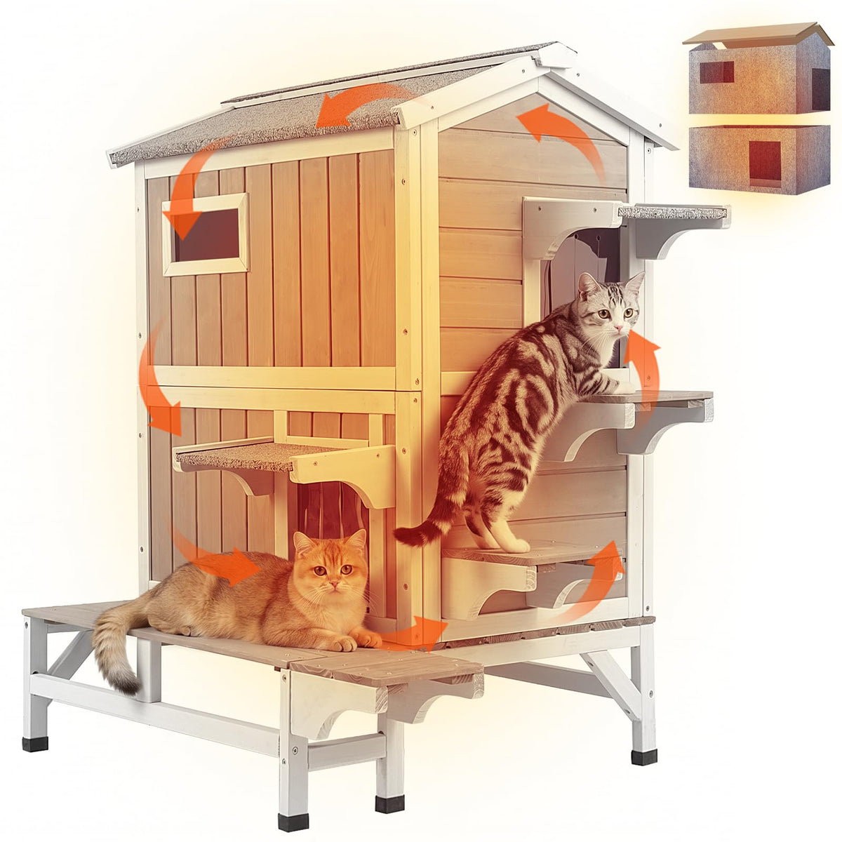 Insulated Outdoor Cat House 2-Story Wooden Shelter H773657