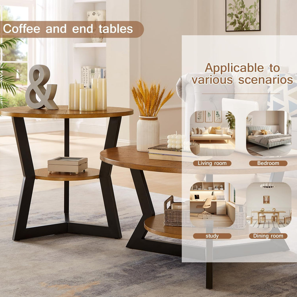 Brown 2-Tier Solid Wood Round Coffee Table P2581