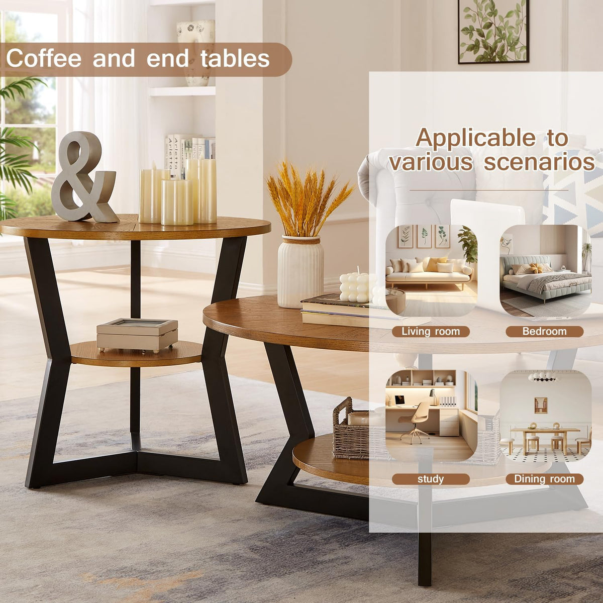 Brown 2-Tier Solid Wood Round Coffee Table P2581