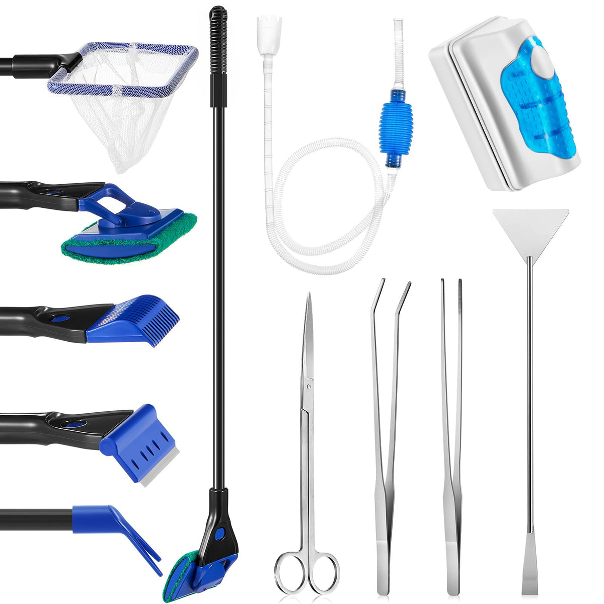 Aquarium Fish Tank Cleaning Tool Kit 4 Pcs Long Aquascape Tools Magnetic Glass Cleaner Brush 5 in 1 Gravel Cleaner and Siphon Vacuum K483201