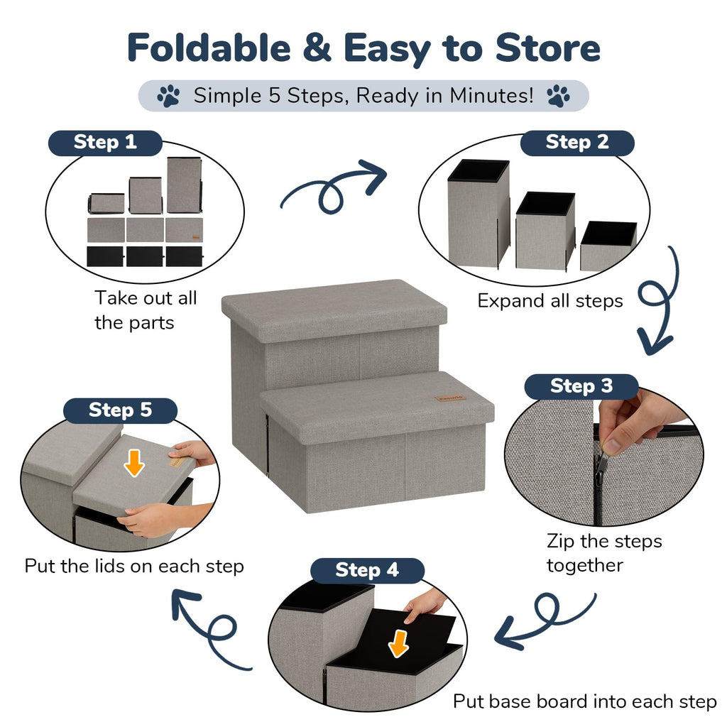 2-Step Wide Dog Stairs with Storage, Non-Slip Foldable Pet Steps, Grey X42606