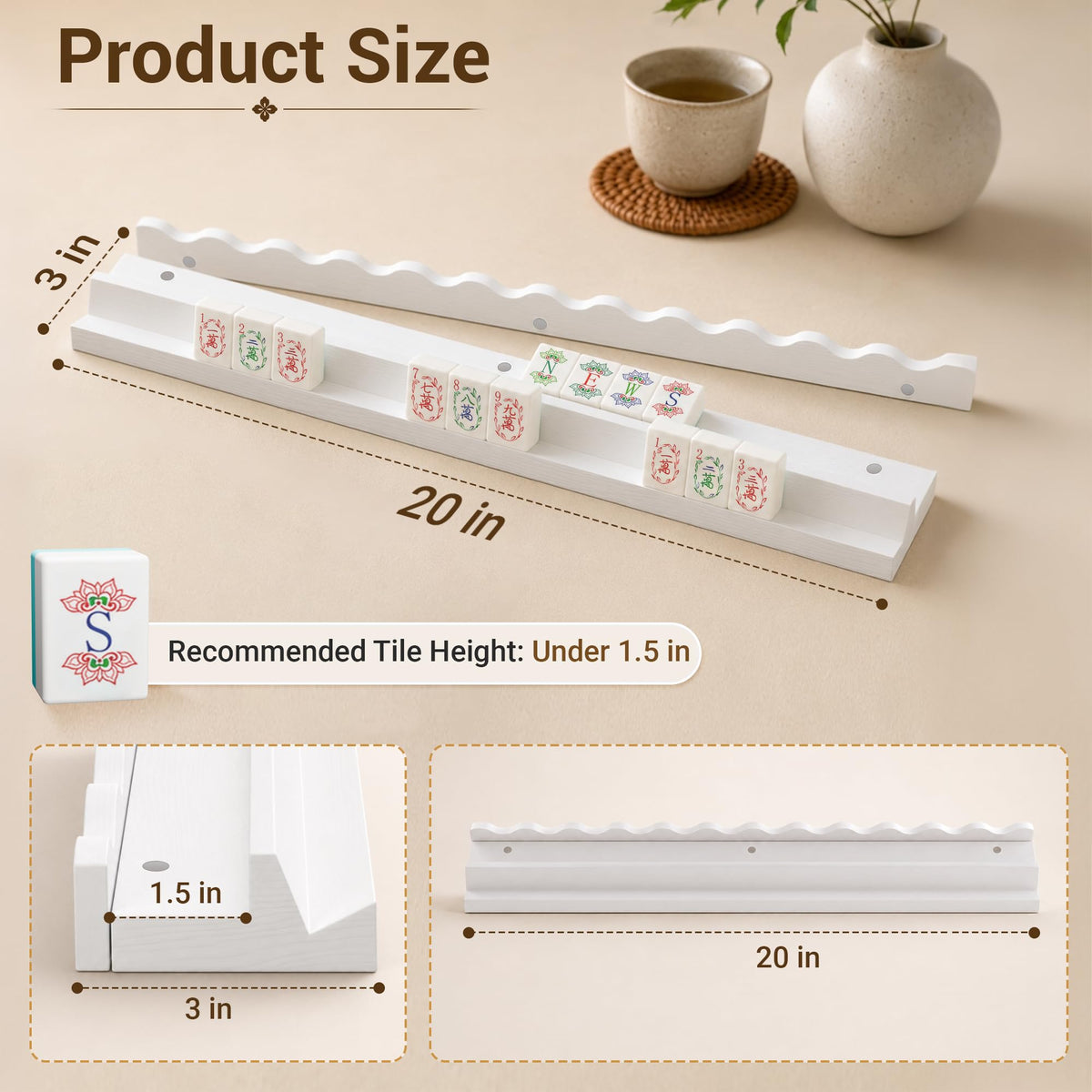 White Scalloped Wooden Mahjong Racks with Pushers Set of 4 E736876