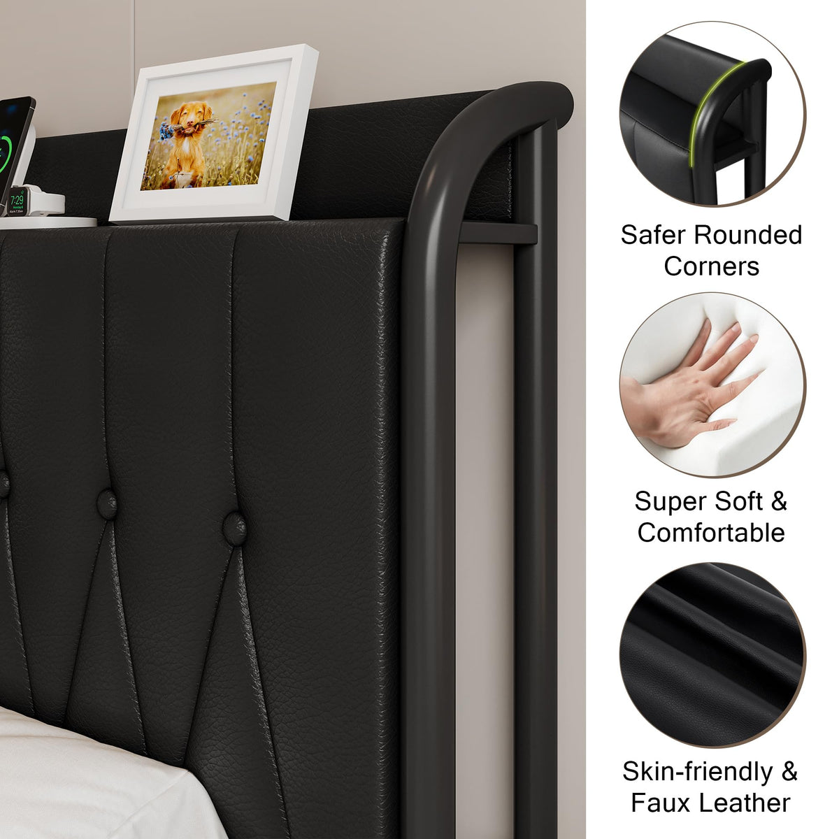 Black Full Size Platform Bed Frame with Faux Leather Upholstered Storage Headboard R244
