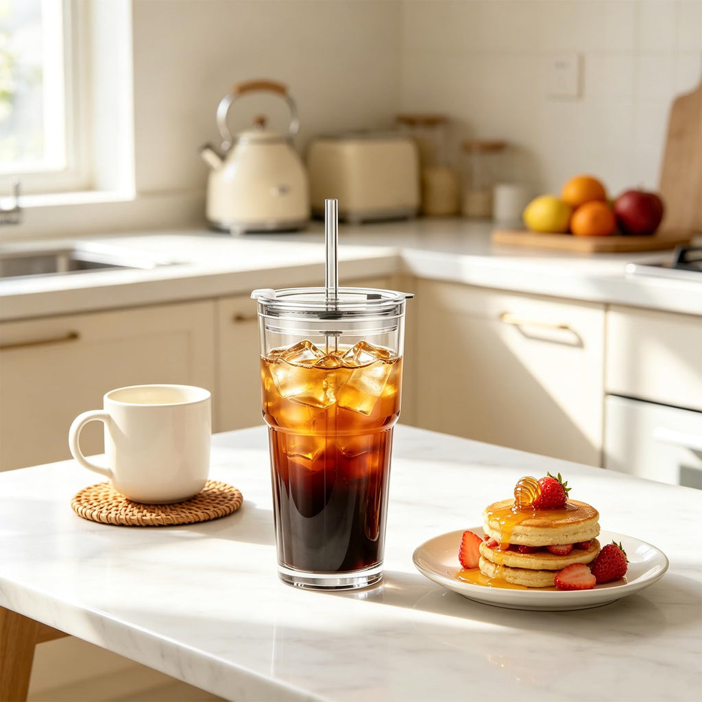 20 oz Iced Coffee Cups with Lids and Straw, Set of 4 Glass Tumbler P491669