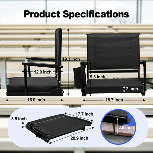 2 Packs Foldable Stadium Seats with Adjustable Backrest and Cup Holders Black H81177