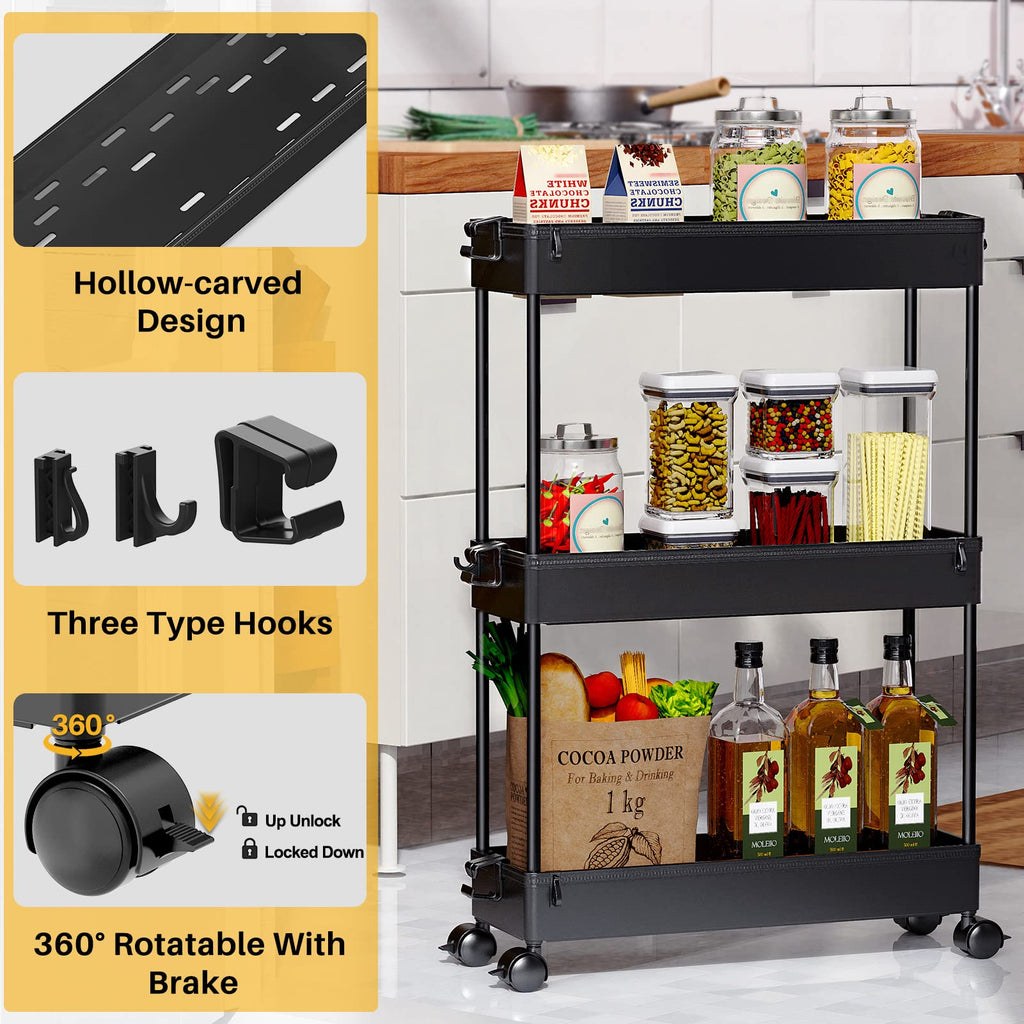Black 3 Tier Slim Rolling Storage Cart J176