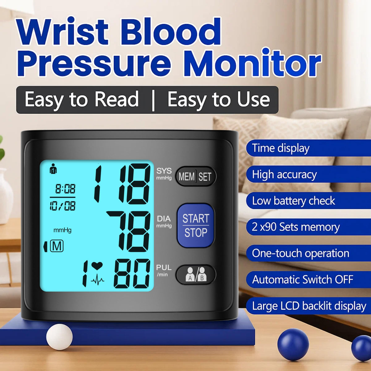 Wrist Blood Pressure Monitor with Backlit LCD Display W79003