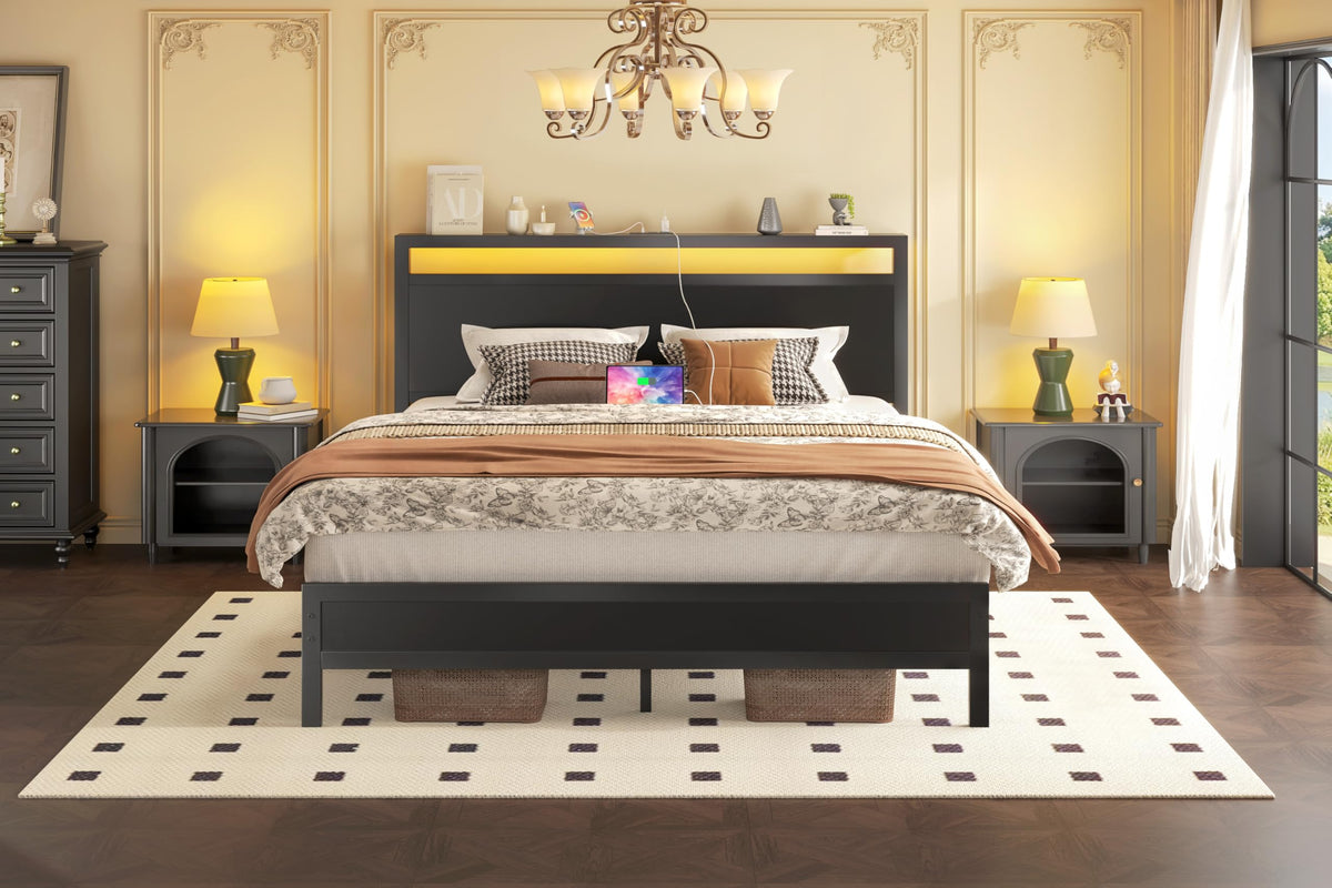 Full Bed Frame with Headboard, Footboard, Charging Station, LED Light, Storage Shelf, Black B15947