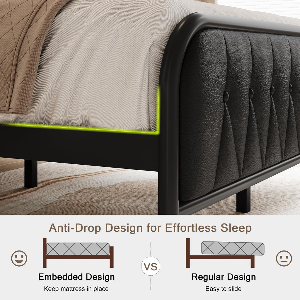 Black Full Size Platform Bed Frame with Faux Leather Upholstered Storage Headboard R244