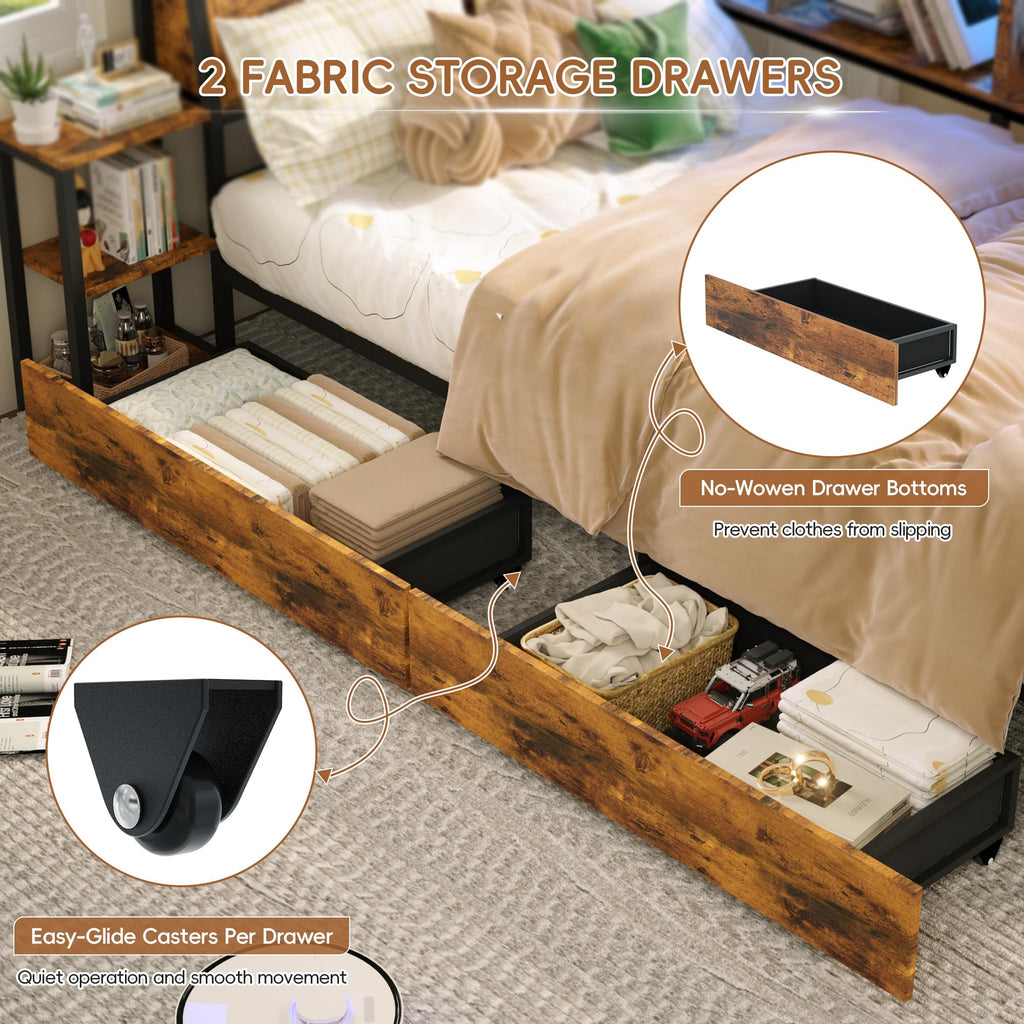 Brown Twin Corner Bed Frame with Storage Bookcase and Bedside Rack W804