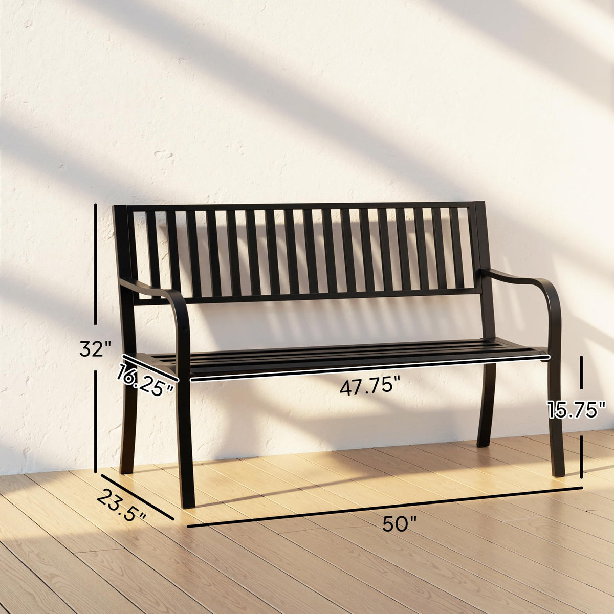 50" Outdoor Garden Bench with Slatted Seat Metal Black A62691
