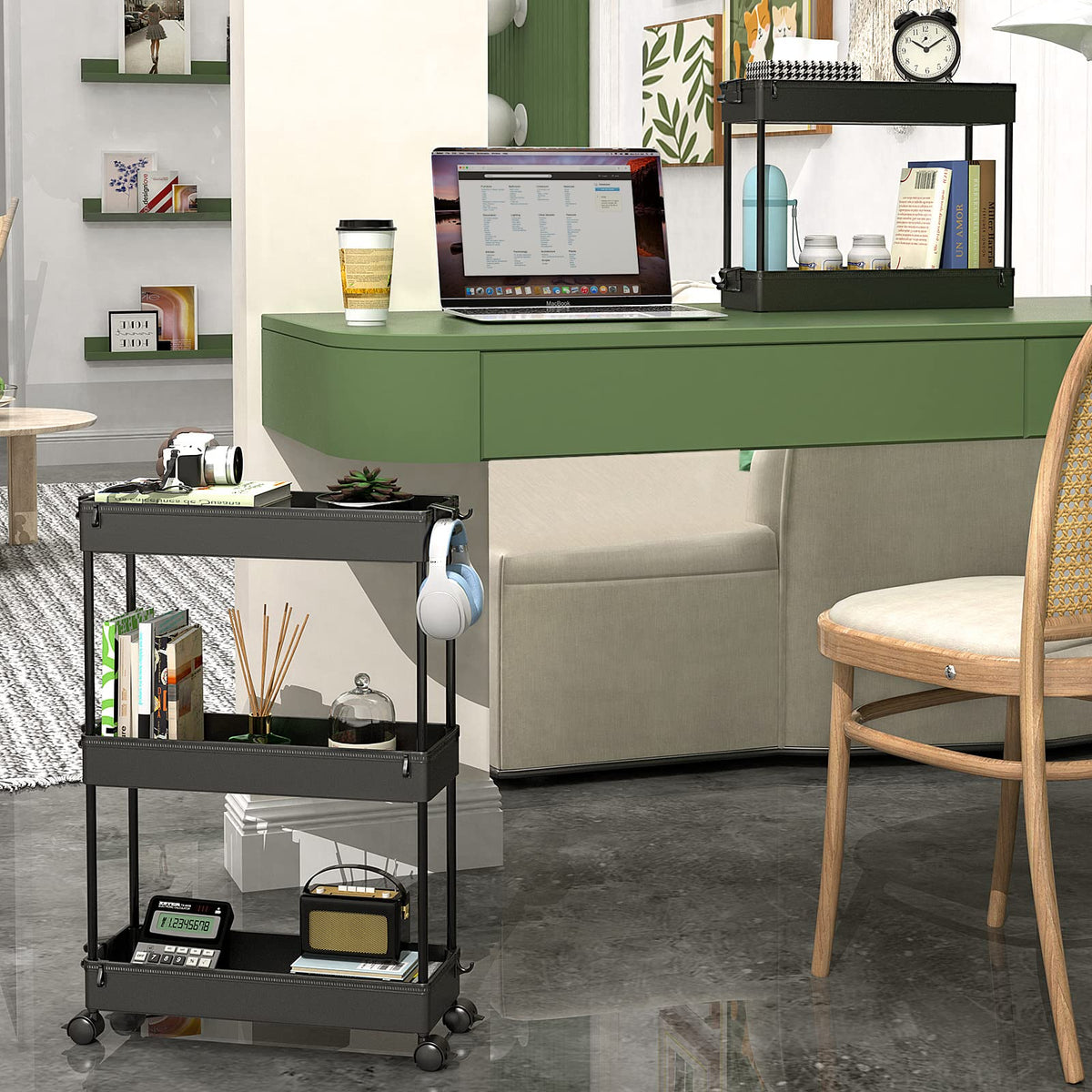 Black 3 Tier Slim Rolling Storage Cart J176