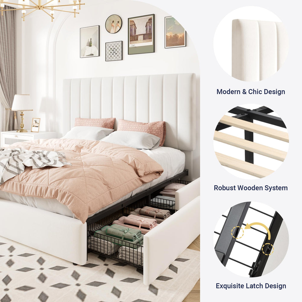 White Velvet Queen Size Storage Bed Frame with 4 Underbed Drawers F963