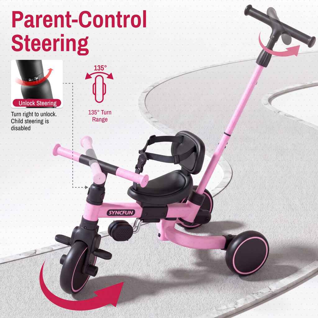 5-in-1 Kids Tricycle with Push Handle, Pink R323