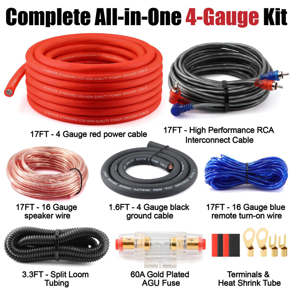 4 Gauge Audio Amplifier Wiring Kit 1200W CCA with Fuse & RCA E3627