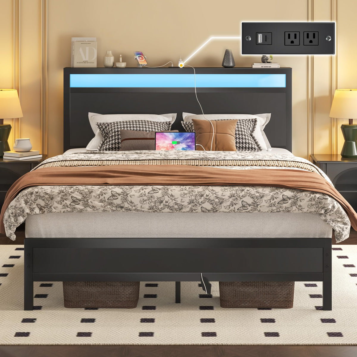 Full Bed Frame with Headboard, Footboard, Charging Station, LED Light, Storage Shelf, Black B15947