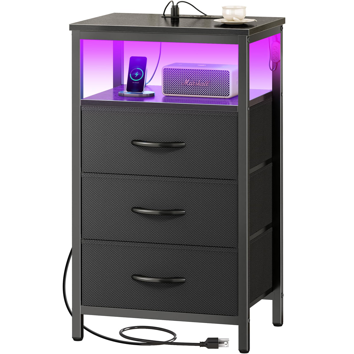 3 Drawer Nightstand with Charger Station and LED Lights M995644