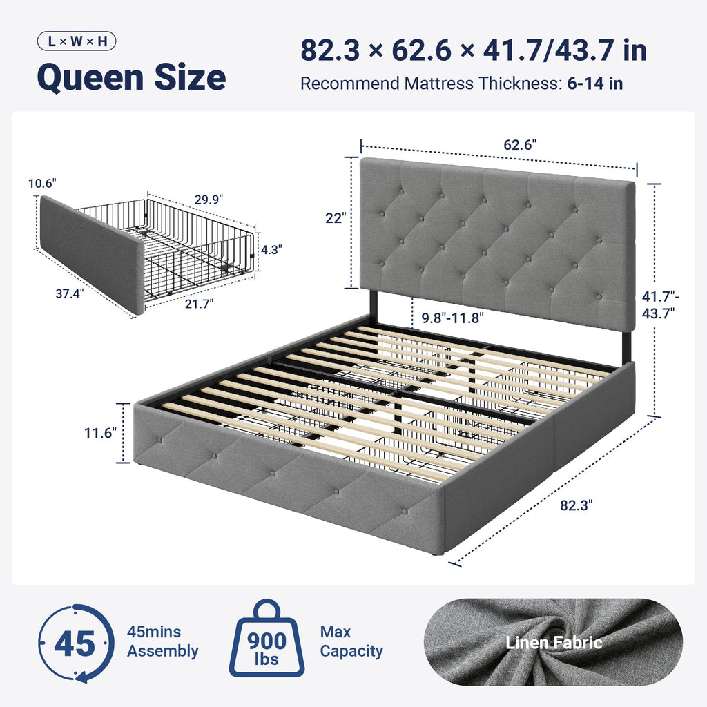 Queen Size Light Grey Upholstered Storage Bed Frame with 4 Drawers V560
