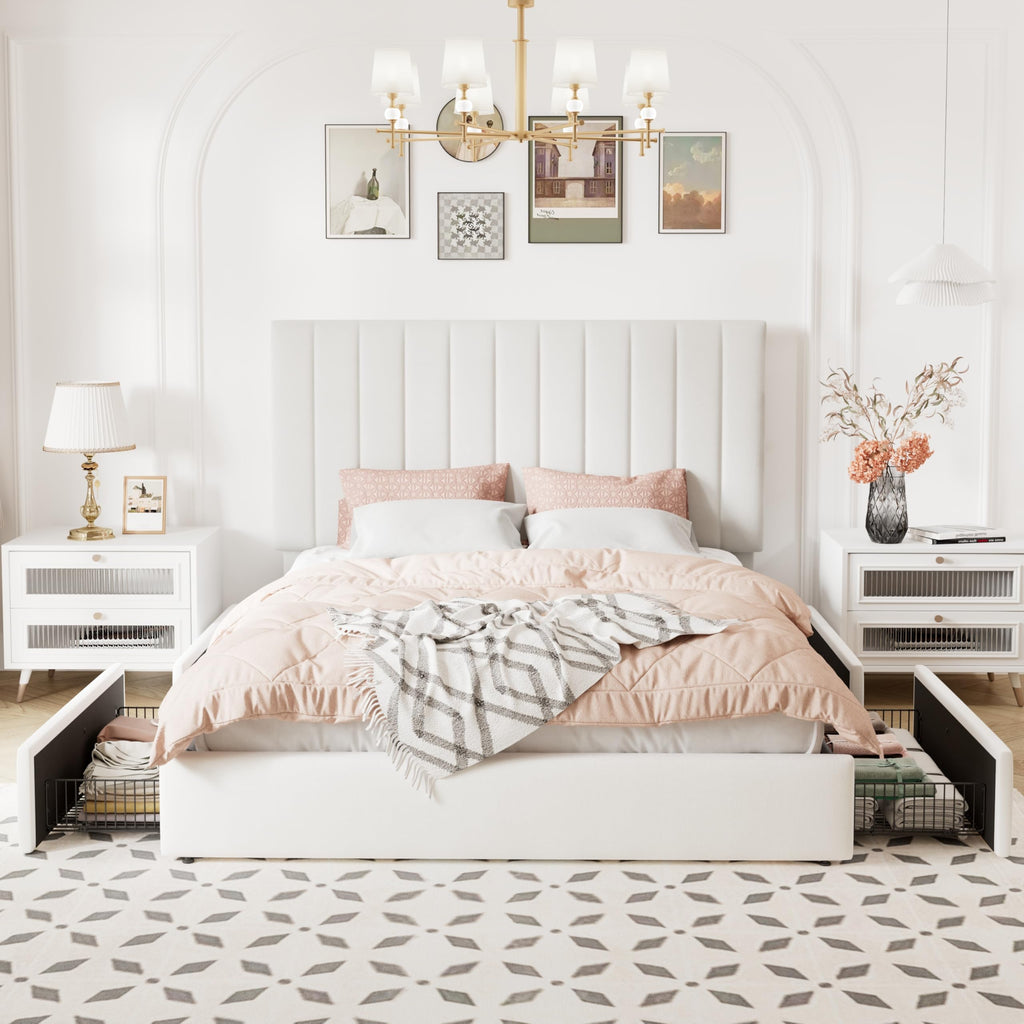 White Velvet Queen Size Storage Bed Frame with 4 Underbed Drawers F963