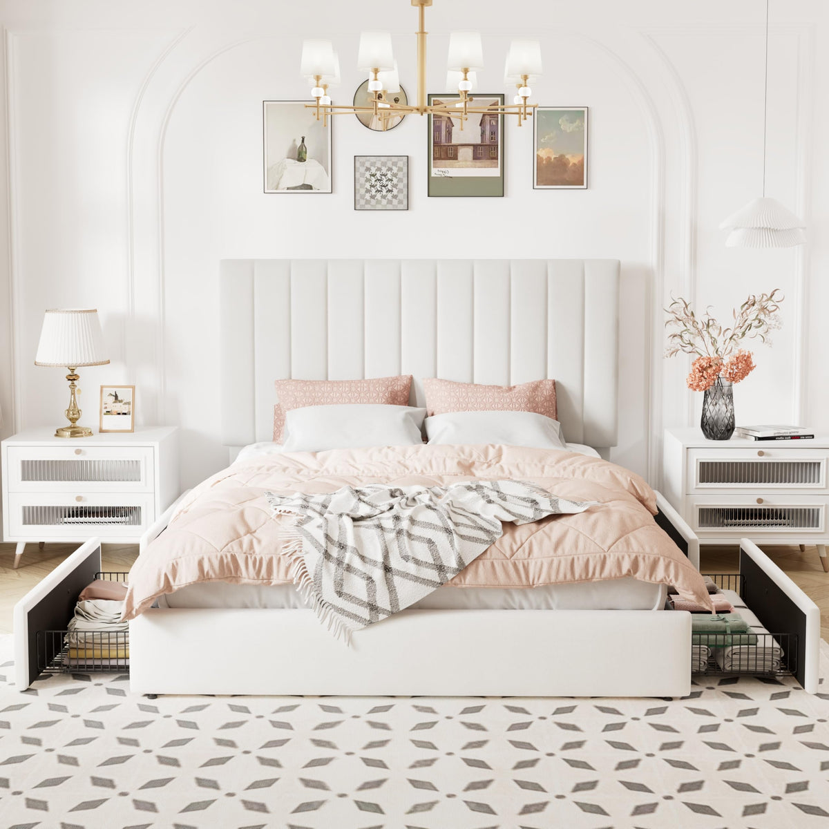 White Velvet Queen Size Storage Bed Frame with 4 Underbed Drawers F963