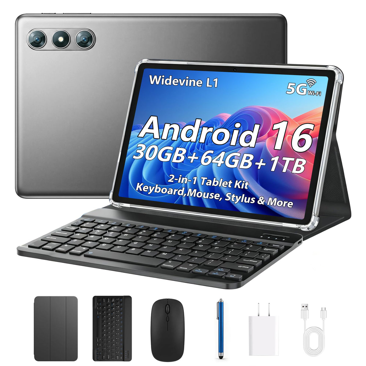 10.1" Android 16 Tablet with Keyboard, 30GB RAM 64GB ROM, Gray S698302