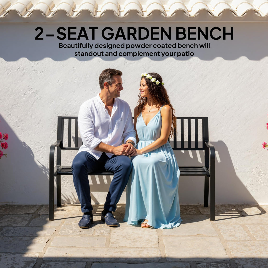 50" Outdoor Garden Bench with Slatted Seat Metal Black A62691