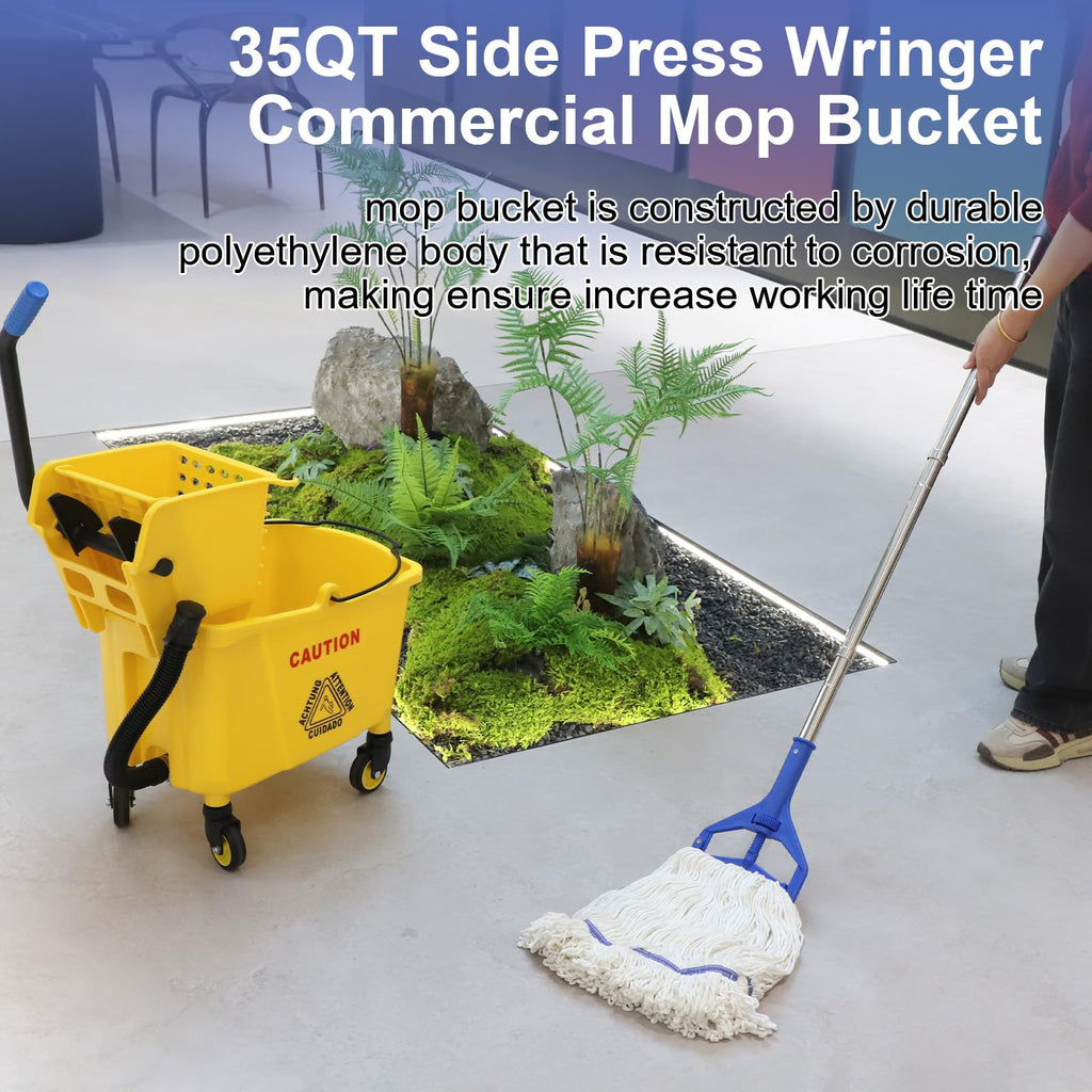 Yellow 35 Qt. Side-Press Mop Bucket and Wringer Combo on Wheels T437