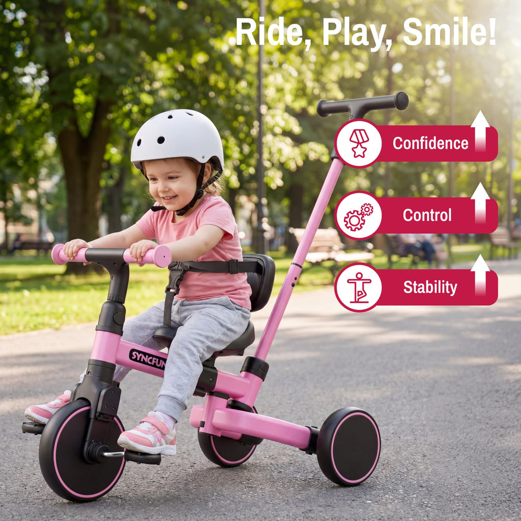 5-in-1 Kids Tricycle with Push Handle, Pink R323