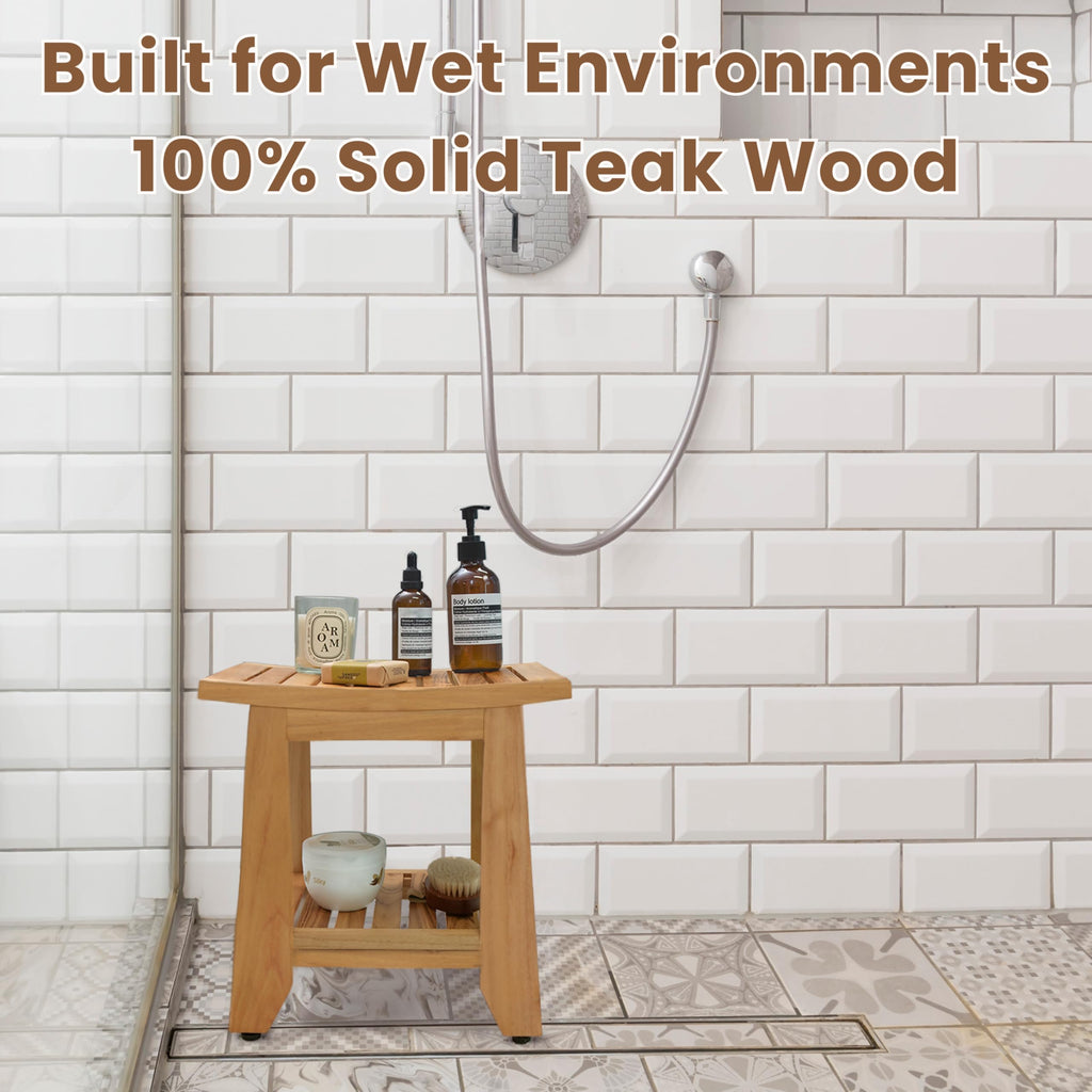 14'' Waterproof Teak Shower Bench with Storage Shelf S537376