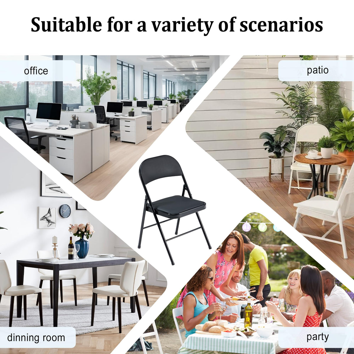 Black Folding Chairs 10-Pack Padded Heavy Duty Steel Frame D908