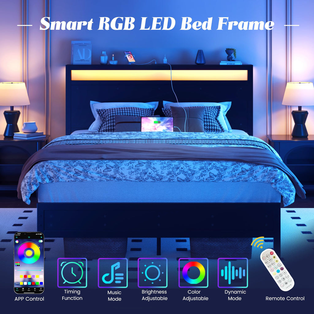 Full Bed Frame with Headboard, Footboard, Charging Station, LED Light, Storage Shelf, Black B15947