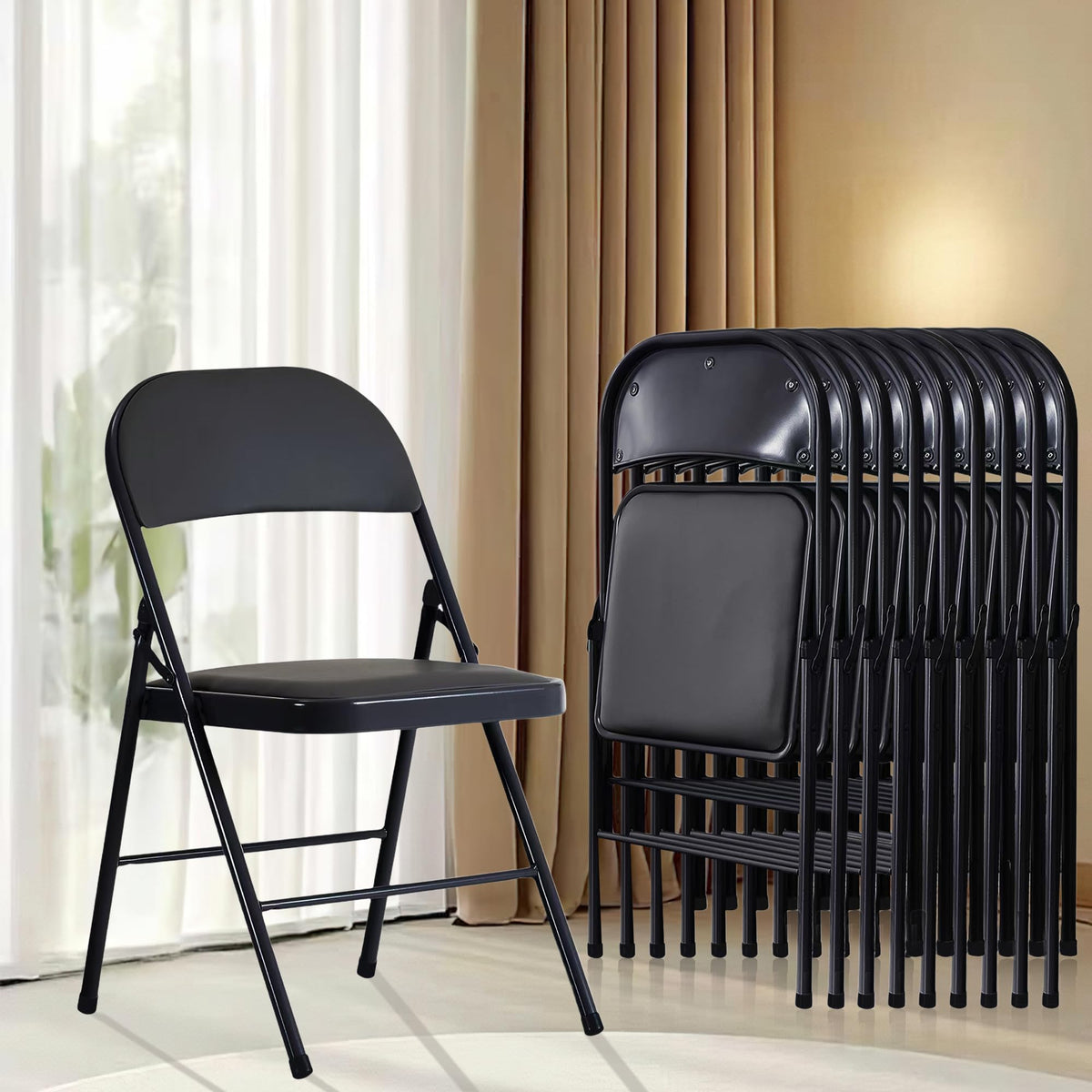 Black Folding Chairs 10-Pack Padded Heavy Duty Steel Frame D908