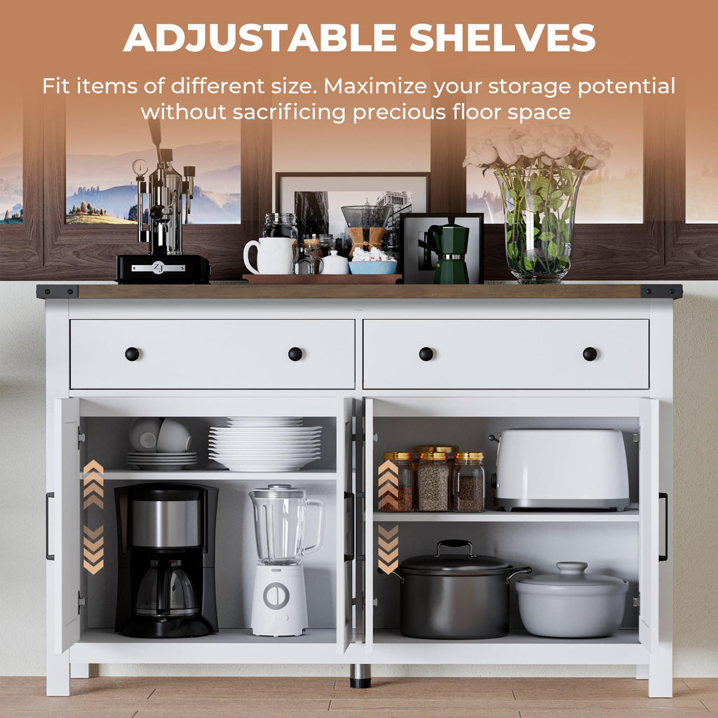 White Wood Buffet Cabinet with 2 Drawers and 4 Barn Doors A750
