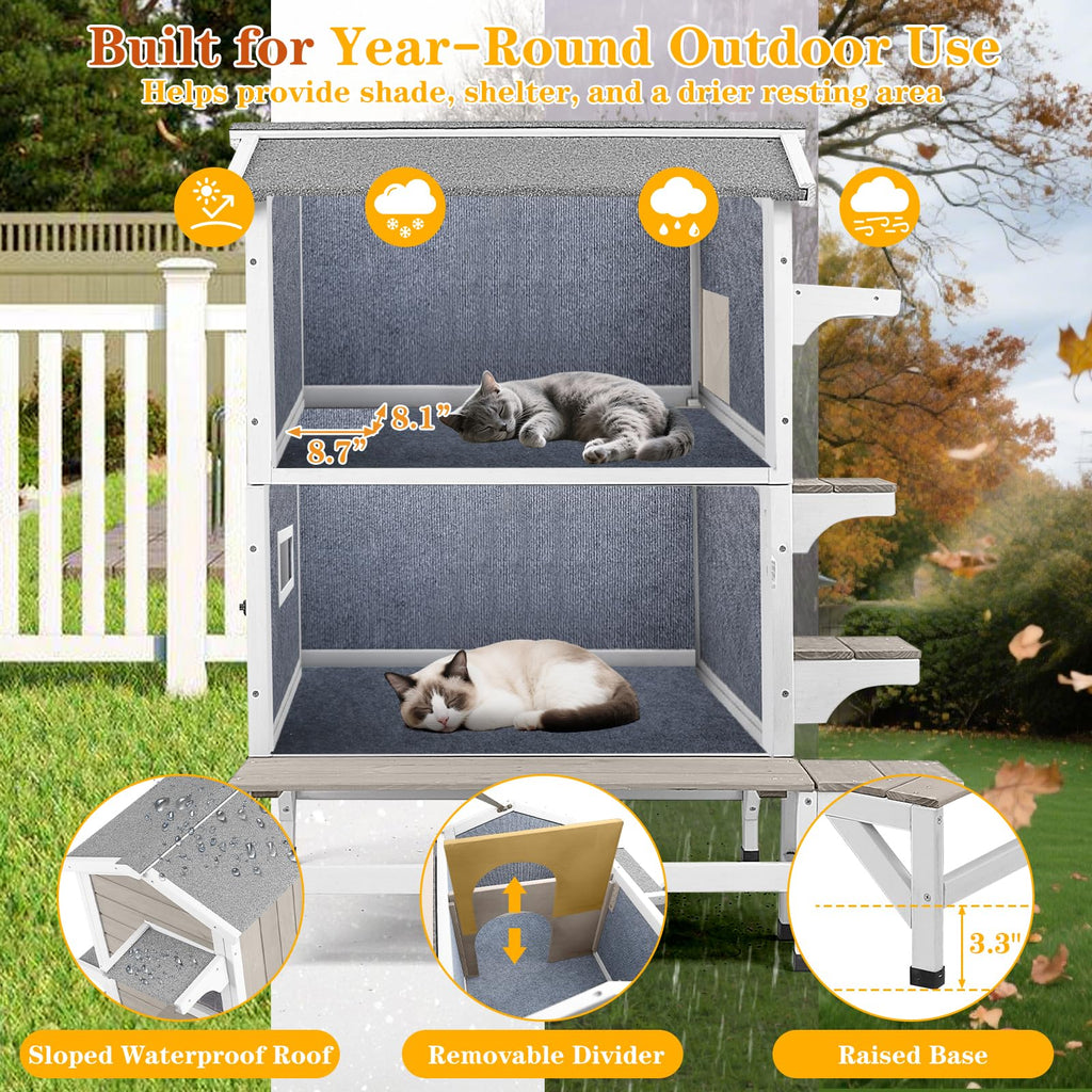 Insulated Outdoor Cat House 2-Story Wooden Shelter H773657