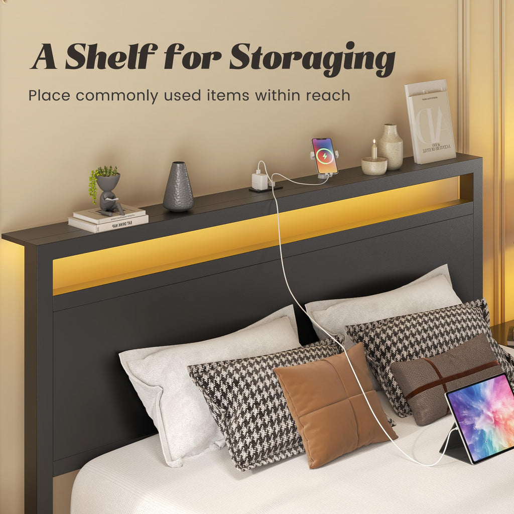Full Bed Frame with Headboard, Footboard, Charging Station, LED Light, Storage Shelf, Black B15947
