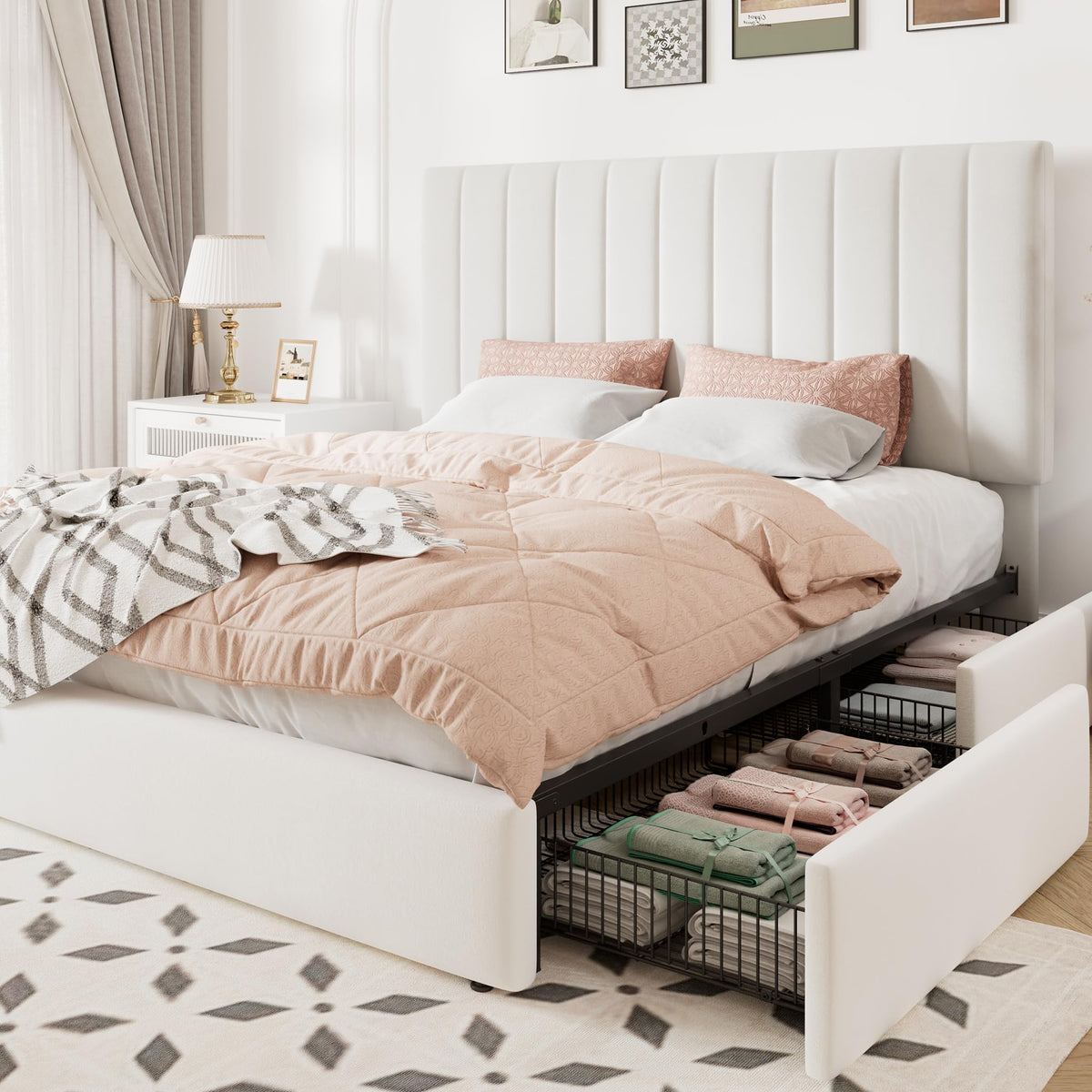 White Velvet Queen Size Storage Bed Frame with 4 Underbed Drawers F963
