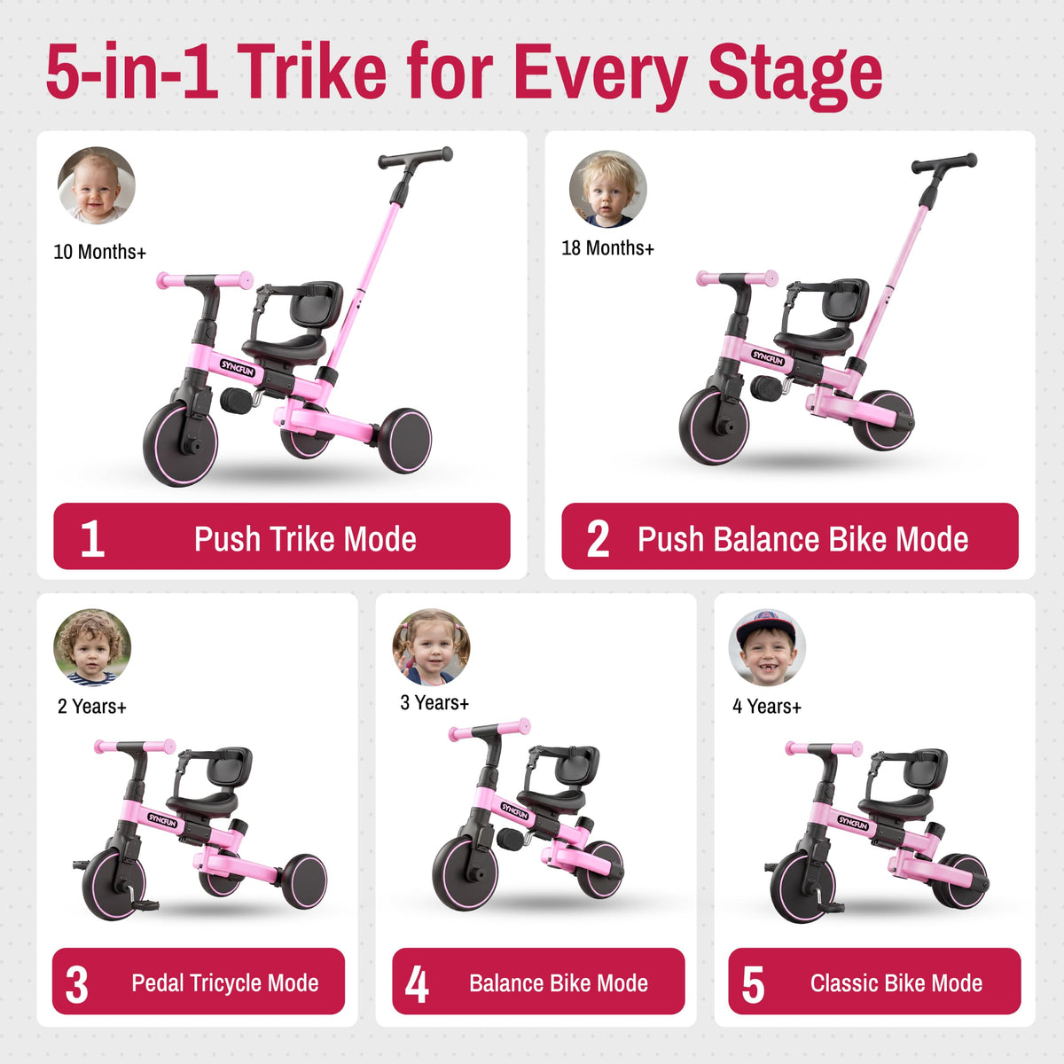 5-in-1 Kids Tricycle with Push Handle, Pink R323