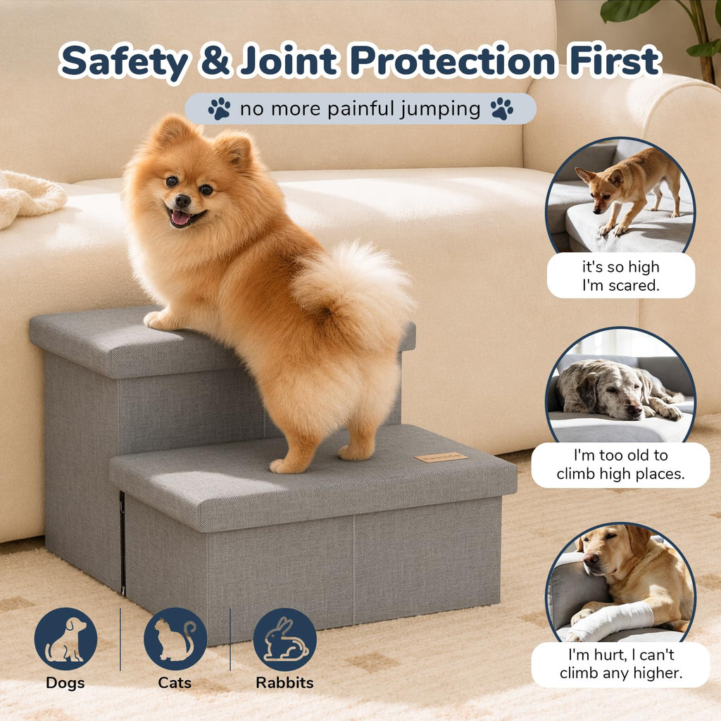 2-Step Wide Dog Stairs with Storage, Non-Slip Foldable Pet Steps, Grey X42606