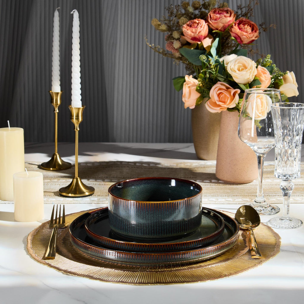 12-Piece Plates and Bowls Set and 35oz Pasta Bowls Set of 4, Stoneware Dinnerware Set for 4, Blackish Green H735